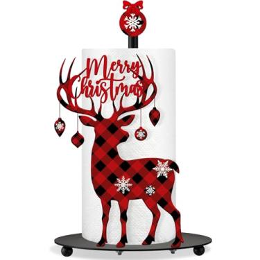 Imagem de Thyle Suporte de toalha de papel de Natal com base redonda de rena búfalo xadrez decoração de banheiro de alce rústico dispensador de família suporte de papel de cozinha para bancada, acessórios