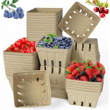 Imagem de Pacote com 60 cestas de fibra de polpa natural, suprimentos de cozinha ventilados moldados para morango, mirtilo, framboesa, cestas de frutas, recipientes de frutas silvestres, suporte de mercado de