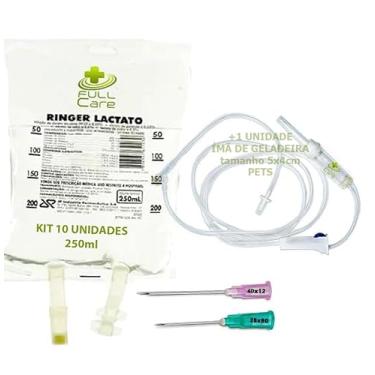Imagem de 10 Kit Fluidoterapia Ringer lactato 250 ML, agulha rosa 40x12 e equipo macrogotas, ima geladeira cachorro FULLCARE