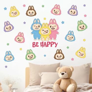 Imagem de Pycat Adesivos de parede fofos LA BU-BU , decoração de monstro Be Happy Macaron Arte de quarto, estrelas casa cozinha sala de estar decoração de sala de jogos