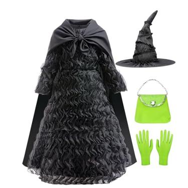 Imagem de Bvthiynu Fantasia de bruxa para meninas vestido preto cosplay aniversário roupa para crianças com capa de chapéu, 9-10 anos