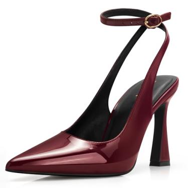 Imagem de PARTY Sapatos femininos com bico fino fechado salto alto stiletto slingback para mulheres elegantes para casamento e trabalho no escritório ou para sair, Patente de vinho, 36