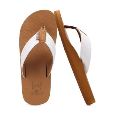 Imagem de KuaiLu Chinelo masculino de couro tapete de ioga com suporte de arco confortável almofada caminhada sandália tanga sem cadarço para uso interno e externo, Cáqui Branco, 46