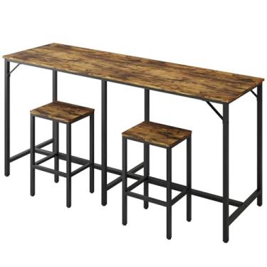 Imagem de YATINEY Conjunto de mesa e cadeiras de bar de 180 cm, conjunto de mesa de jantar e cadeira, mesa de 3 peças com altura de balcão e 2 bancos, mesa Kithcen para restaurante doméstico, bar, marrom
