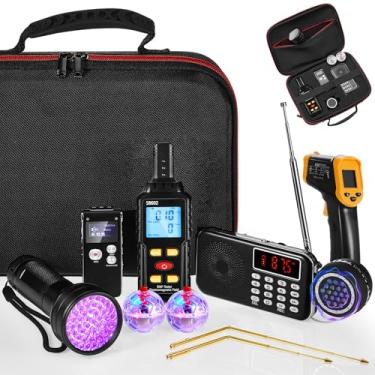 Imagem de Dunzy Kit de equipamento de caça fantasma com 11 peças, inclui rádio fantasma, detector de radiação paranormal eletromagnética, gravador de voz, lanterna UV, 2 bolas de gato iluminadas por LED, etc