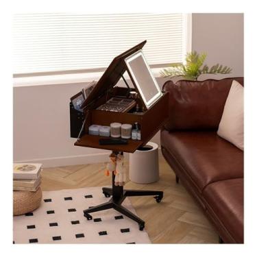 Imagem de Escrivaninha de penteadeira Pequena penteadeira de madeira com espelho flip top, móvel, grande organizador armazenamento para banheiro quarto casa(Brown)