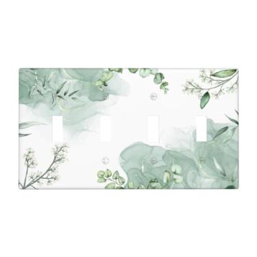 Imagem de Aquarela folha verde floral quádruplo interruptor de luz placa decorativa 4 painéis de parede placa elétrica para quarto banheiro decoração de casa 11,4 cm x 20,3 cm