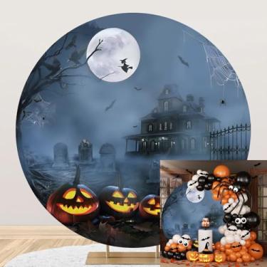 Imagem de Laeacco Capa de fundo redondo de 2,3 x 2,3 m Happy Halloween Castelo Assombrado Morcego Abóbora Círculo Pano de Fundo Terror Lua Noite Cinza Foto Fundo para Dia das Bruxas Criança Adulto Festa