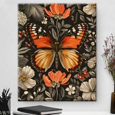 Imagem de Arte de parede em tela floral borboleta escura Academia impressão artística vintage pintura estética para casa sala de estar quarto decoração de parede 20 x 25 cm