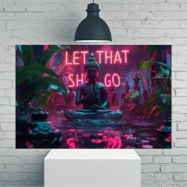 Imagem de Let That Shit Go Quotes With Neon Buddha Tropical Rain Arte de parede em tela rústica vintage - Pôster sem moldura de 30 x 45 cm - Decoração de casa e escritório para sala de estar, quarto, cozinha e