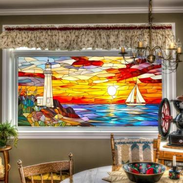 Imagem de HOMETITUTE Película para janela de vitral Farol Pôr do Sol Veleiro Decorativo Janela Adesiva Oceano Paisagem Marítima Adesivos de Vidro de Privacidade para Escritório em Casa Sala de Estar 100 cm × 48