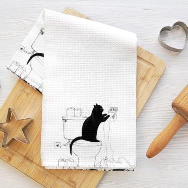 Imagem de Toalhas de banheiro engraçadas para gatos 61 x 35 cm, papel higiênico em rolo toalha de prato de microfibra reutilizável, toalhas de chá de trama waffle para banheiro, cozinha, decoração de casa