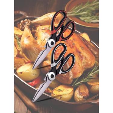 Imagem de 2 tesouras de cozinha premium resistentes ultra afiadas de aço inoxidável multifuncionais tesouras de cozinha para frango/aves/peixe/carne/legumes/ervas/churrasco (vermelho + preto)