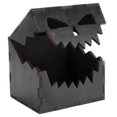 Imagem de JULEASEL Mimic Dice Box – Baú de tesouro de monstro de madeira com dentes e olhos verdes, armazenamento de dados engraçado para RPG de mesa e jogos de fantasia (Jackskull)