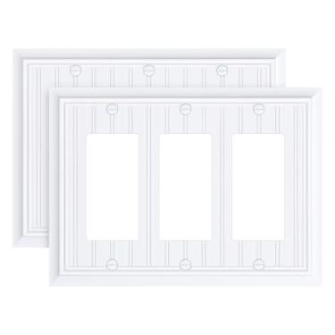 Imagem de Pacote com 2 placas decorativas clássicas para tomada decoradora tripla, placa de parede branca pura de fibra de bambu natural durável para tomadas elétricas, receptáculo, tomada GFCI, interruptor de
