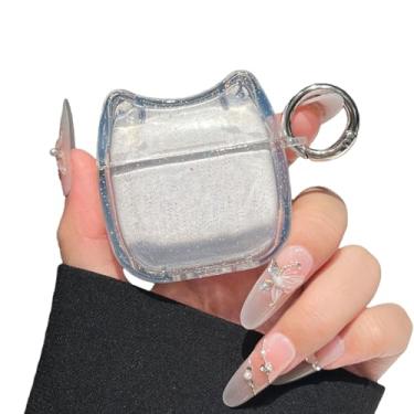 Imagem de Capa de fone de ouvido transparente com glitter super bonita para AirPods Pro/Pro 2, linda capa de silicone TPU macio com rosto de gato, capa protetora de orelha de gatinho - branca