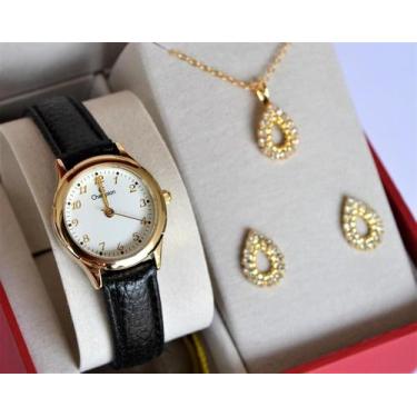 Imagem de Relogio champion feminino pequeno couro numeros ch25114w + kit semi jo