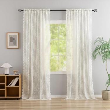 Imagem de Cortinas transparentes marfim - 274 cm de comprimento, 2 painéis, cortinas de renda do chão ao teto alto para porta de vidro deslizante da sala de estar, bordado floral peônia com núcleo cottage