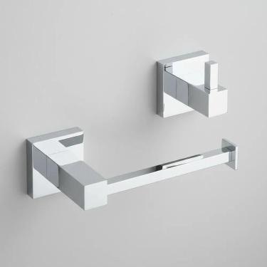 Imagem de Kit Porta Papel Higiênico + Cabide Simples Metal Quadrado -
