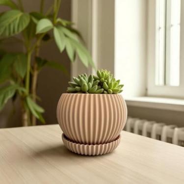 Imagem de Kit 1/2/3 Vasos para Suculentas com Bandeja – Mini Vaso Decorativo Cachepô para Plantas Naturais em Textura Ondulada(NUDE)