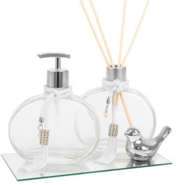 Imagem de Kit Lavabo Vidro 300ml Luxo C/Bandeja Porta Sabonete Difusor e Enfeite Decoração- Decoração Banheiro Elegante e Cristalino (Prata c/Passarinho)