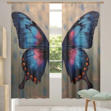 Imagem de 2 conjuntos de painéis de cortinas transparentes azuis retrô borboleta, cortinas transparentes arejadas com filtro leve, painéis de cortina de porta e janela para sala de estar, quarto, jantar, 192 cm