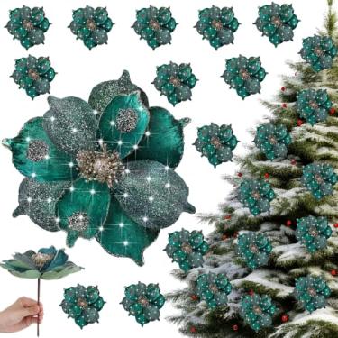 Imagem de Outus 24 peças de flores de magnólia de veludo com glitter, 3 tamanhos grandes, flores artificiais de Natal falsas, 25,4 cm + 20,3 cm + 16 cm, enfeites de guirlanda com hastes para decorações de festa