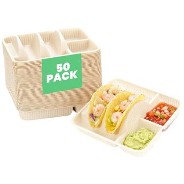 Imagem de Suportes de taco descartáveis com 2 compartimentos para 2 tacos e 2 lados | Borda levantada extraprofunda | Amido de milho biodegradável | Seguro para micro-ondas | Perfeito para terças, festas