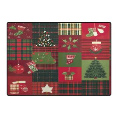 Imagem de Blueangle Tapetes de Natal laváveis de 12 x 16,7 cm para sala de estar - Tapete ultramacio antiderrapante resistente a manchas com estampa de patchwork de Natal para quarto e escritório (480)
