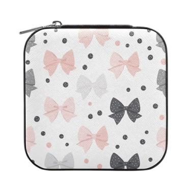 Imagem de SEHANY Caixa de joias personalizada com laço rosa para mulheres, meninas, mini estojo de joias de couro PU, organizador de joias de viagem, caixa de joias para brincos, anéis, colares, presentes para