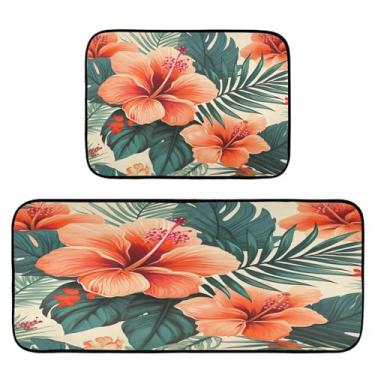 Imagem de Wassud Tapetes de cozinha com padrão floral vermelho para piso decoração de casa tapetes de cozinha acolchoados antifadiga tapetes de cozinha antiderrapante lavável essencial de cozinha conjunto de 2