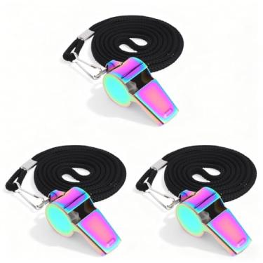 Imagem de FNANJWQ Apito colorido de 2 peças com cordão, apito de professor de aço inoxidável, apitos de mochila, apitos esportivos nítidos e altos para treinadores, árbitros, professores, emergência