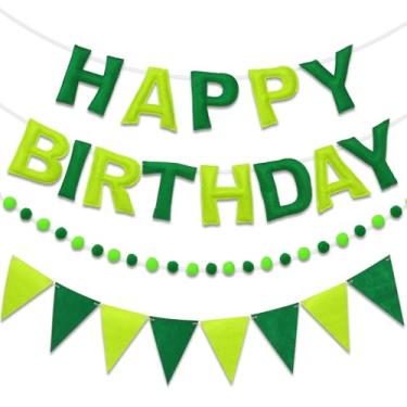 Imagem de LITAUS Conjunto de faixa pré-amarrada de feliz aniversário e guirlanda de feltro - Decorações de aniversário verde ombré para mulheres, homens, meninos e meninas | Artigos de festa reutilizáveis para