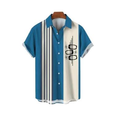 Imagem de Camisas Havaianas Masculinas Casuais Com Botões, Estampa Listrada Em 3