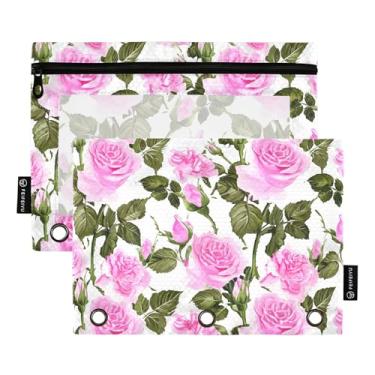 Imagem de Pasta de lápis com 3 anéis, rosa e folhas verdes, fichário com zíper, caneta, fichário escolar artístico, bolsos transparentes, 25 x 18 cm, 2 pacotes