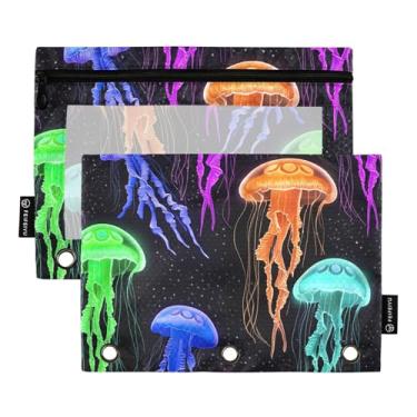 Imagem de Bolsa de lápis para fichário de 3 anéis coloridos brilhantes água-viva roxa com zíper bolsa de lápis com estampa de animal bolsos transparentes para fichários escolares macios 25 x 18 cm, 2 pacotes