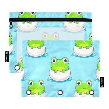 Imagem de GAIGEO Bolsa de lápis para fichário de 3 anéis, fofos, sapos de desenho animado azul, fichário com zíper, bolsas para lápis, arte divertida, fichários escolares, bolsos transparentes, zíper 25 x 18 cm