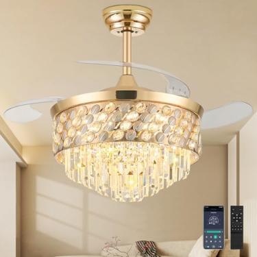 Imagem de TXCSLY Ventilador de teto com luz, ventilador de teto retrátil de 106.7 cm com luzes, ventilador de lustre de cristal, lustres de ventilador de teto reguláveis de LED para quarto, sala de estar, motor