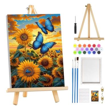 Imagem de MOGTAA Kit de pintura de girassóis por números para adultos iniciantes com moldura, kits de pintura por números de borboleta para adultos em tela com cavalete, kits de pintura a óleo DIY fáceis para