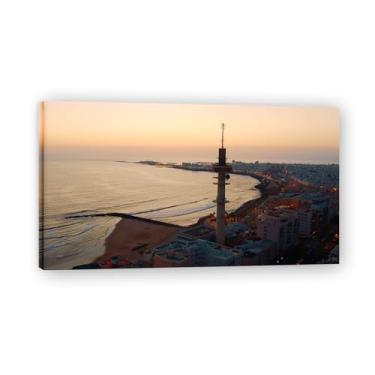 Imagem de Cidade costeira foto real cidade mar neve vale rio nascer do sol impressão em tela para decoração de casa 20 x 36 cm emoldurada