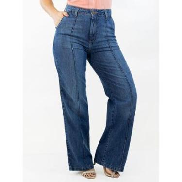 Imagem de Calça Feminina Jeans Pantalona Cintura Alta Friso Frontal Anticorpus-Feminino