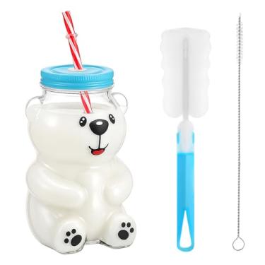 Imagem de Willinglong Copo de palha de urso de 540 ml Copo de mel de vidro com canudos e tampa, canecas fofas para café, bebida, garrafa kawaii, caneca para suco, leite, chá, smoothies, água infundida, bebida