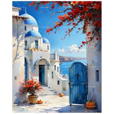 Imagem de Kit de pintura à beira-mar da Grécia por números para adultos - Pintura de arquitetura de cúpula azul DIY em tela, conjunto de tinta acrílica, adequado para iniciantes, arte para decoração de casa ou