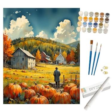 Imagem de Kit de pintura de cena de fazenda de outono por números para adultos – DIY campo de abóbora com celeiros e pintura masculina enrolada em tela 40,6 x 50,8 cm, conjunto de tinta acrílica para iniciantes