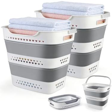 Imagem de Cestas de roupa sujas dobráveis de plástico com alças confortáveis, cesto de roupa suja, portátil, com economia de espaço, recipiente de armazenamento/organizador (cinza, 2 pacotes)