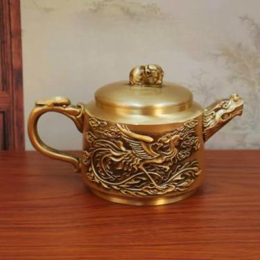 Imagem de FENNYYAR Enfeite de bule de chá de dragão e fênix de latão, 14 cm, decoração de mesa de escritório para sala de estar