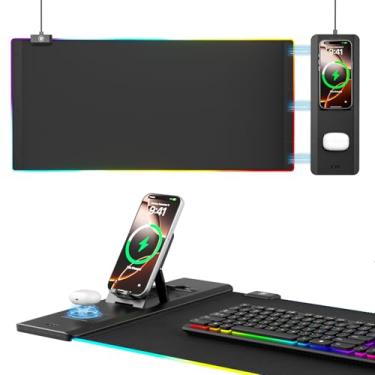 Imagem de KDD Mouse pad com suporte dobrável para celular – Tapete de mesa de carregamento sem fio 15 W rápido - Mouse para jogos RGB com superfície ultra-suave, base antiderrapante – Tapete de teclado para