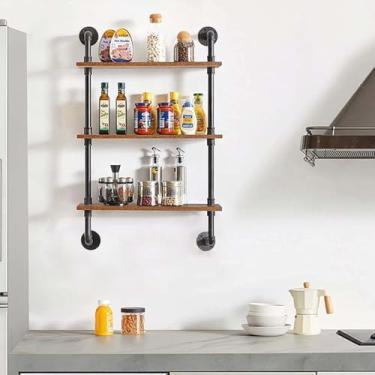Imagem de pcagfaajmh Prateleira de tubo flutuante de 3 níveis para cozinha, suporte de planta/estante de livros, prateleiras pretas de armazenamento de ferro e madeira para decoração de sala de estar e quarto