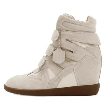 Imagem de Dsevht Tênis feminino de salto alto com salto alto plataforma de camurça com tiras triplas, casual, vintage, elegante, confortável, campus, moderno, retrô, Bege, 34 BR