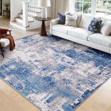 Imagem de RELEANY Tapetes laváveis, quadrados, 2,7 m, antiderrapantes, modernos, abstratos, macios para sala de estar, entrada, quarto, berçário, padrão estampado, azul, cinza, azul-marinho